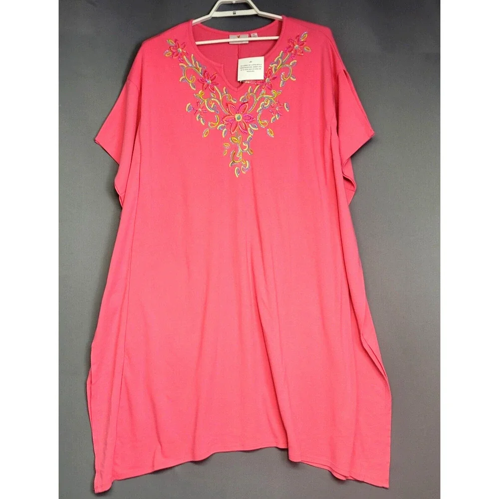 Quaker Factory Kraftan Dress Womens XL Pink Embroidered Sequin Floral Tunic New - Picture 1 of 13